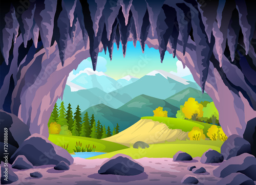 Cave landscape. Summer nature scene of cave entrance. Prehistoric dungeon, rock cavern game illustration. Vector illustration of tunnel in mountain or mine in rocks