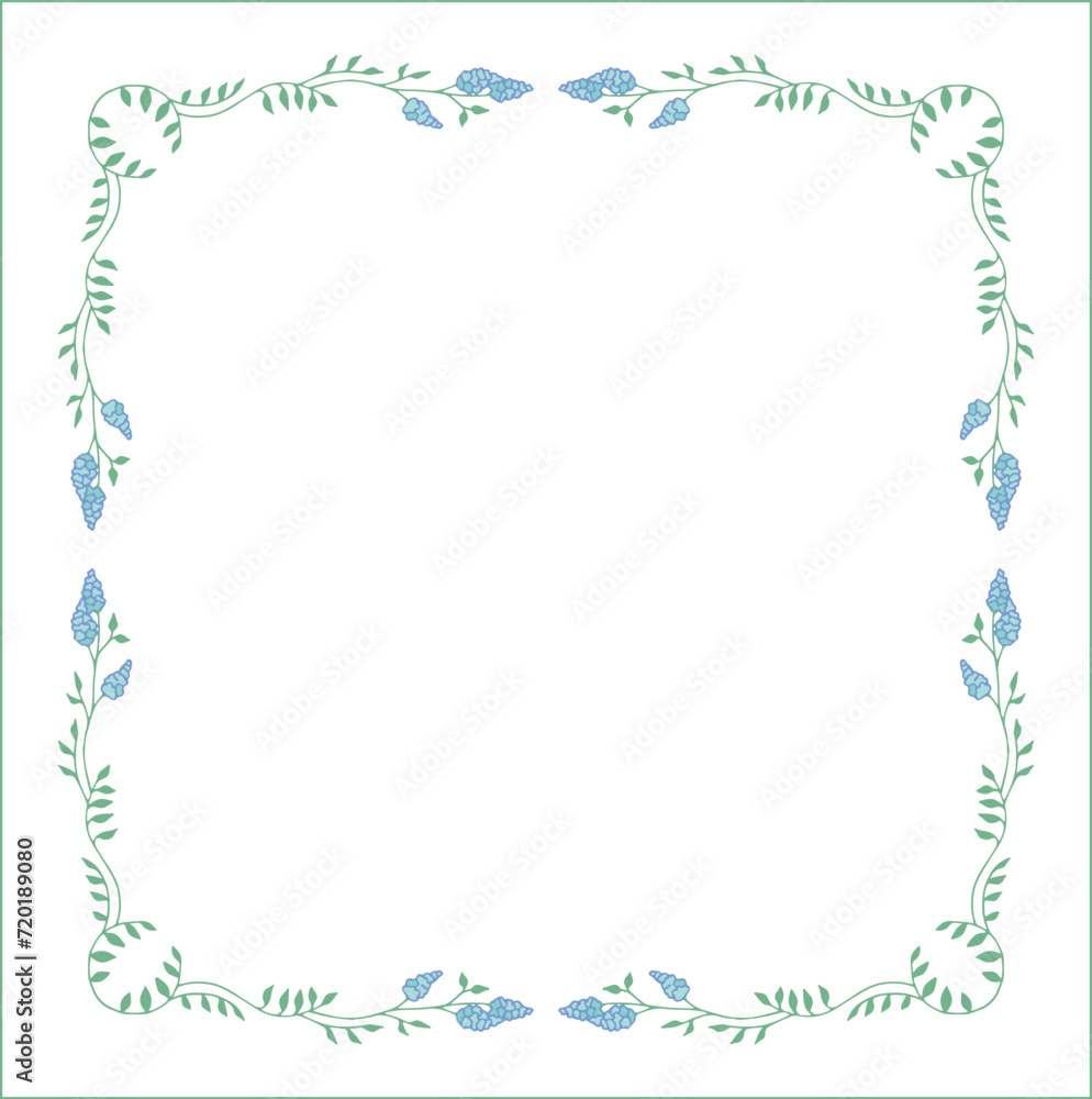 Green floral frame with leaves and blue flowers, decorative corners for greeting cards, banners, business cards, invitations, menus. Isolated vector illustration.	