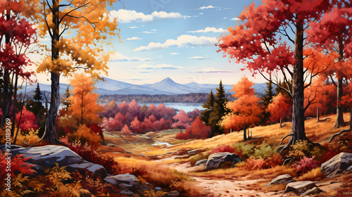 Natural beautiful multicolor autumn scenery landscape painting on paper HD acrylic image   Autumn and fall  autumn painting and fantasy style high quality