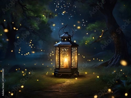 Lantern shedding a light in the middle of the night surrounded by glowing fireflies 