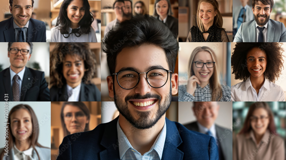 This photo showcases a collage of many different people from diverse backgrounds, all of whom are smiling. This photo showcases a collage of many different people from diverse backgrounds, all of whom are smiling.