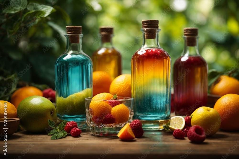 A vibrant natural world of drinks with glass bottles made with organic ingredients A vibrant natural world of drinks with glass bottles made with organic ingredients
