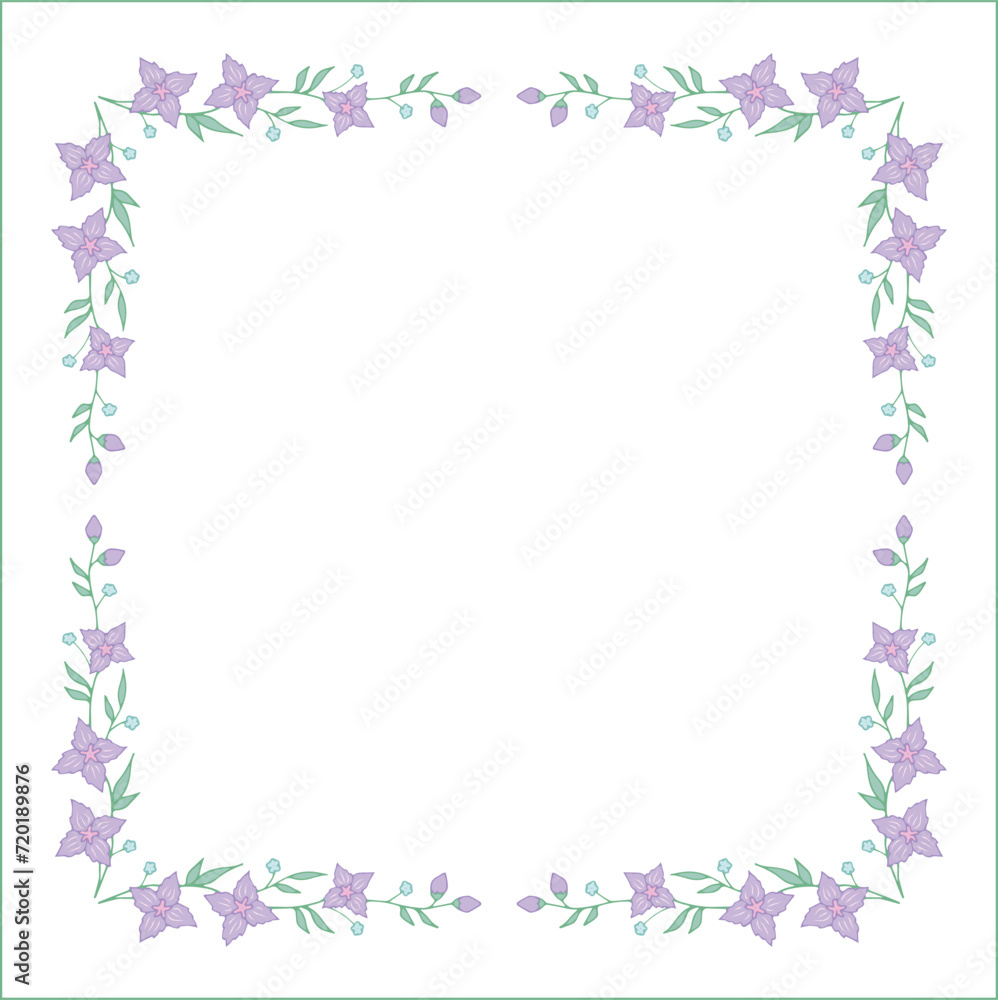 Green floral frame with leaves and purple flowers, decorative corners for greeting cards, banners, business cards, invitations, menus. Isolated vector illustration.	