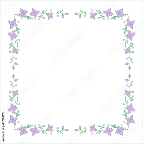 Green floral frame with leaves and purple flowers, decorative corners for greeting cards, banners, business cards, invitations, menus. Isolated vector illustration. 