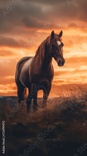 Majestic brown horse at sunset.
