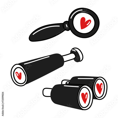 Set of doodle objects for finding love magnifying glass, binoculars in dark colors. Surveillance items with hearts for Valentine's Day. Find love with a magnifying glass. Black white Red