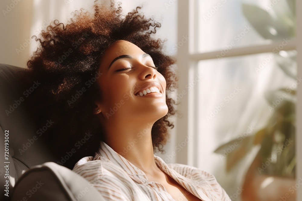 Experience the radiant happiness and enthusiasm of an Afro-American woman as she dances on her sofa at home Experience the radiant happiness and enthusiasm of an Afro-American woman as she dances on her sofa at home