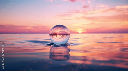 Glass sphere in the water at sunset, calm, meditative, relaxing, mental health, emotional balance,  wellness