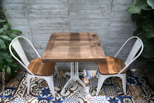 Coffee shop with wooden tables.