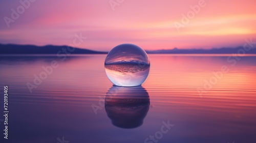 Glass sphere in the water at sunset, calm, meditative, relaxing, mental health, emotional balance, wellness