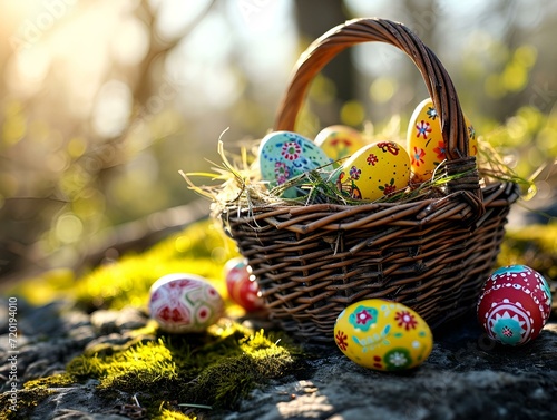 easter basket with many colorful easter eggs with decorations
