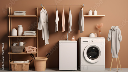 Laundry room design ideas in minimalist style for small apartments, washing machines, clothes, laundry, furniture, home, apartment, design, shelves, plants, sink, towels, AI-generated. © PHAP