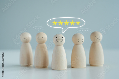 Customer Satisfaction survey  Feedback rating  service review and evaluation  World mental health day  Good emotional  Happiness  Passion concept. Figure are smiling and 5 star on speech bubble.
