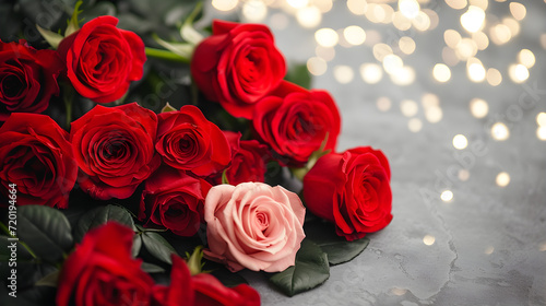 Images of fresh roses for Valentine s Day  roses  Valentine s Day  flowers  romantic  botanical  red  green  pink  brilliant  daytime  AI-generated.