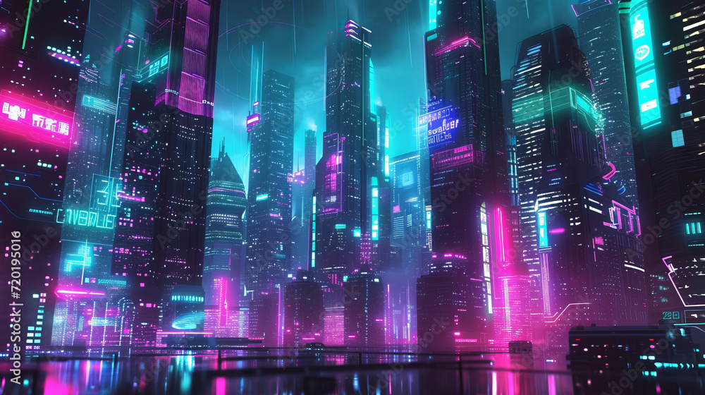 Neon digital cityscape, Generative AI