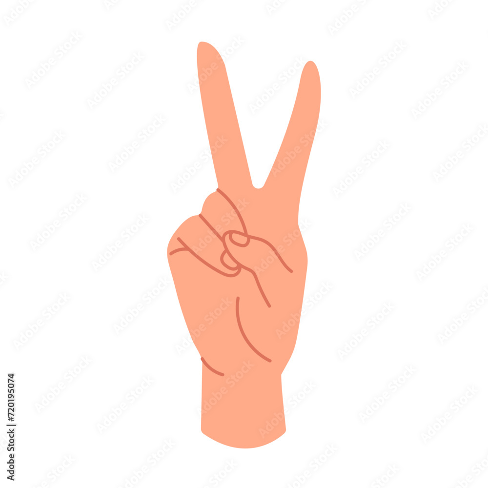 A hand with a positive gesture of victory. A sign with the hand of peace gesture. The concept of love for the world. Body language. Vector illustration in a flat style, isolated on a white background A hand with a positive gesture of victory. A sign with the hand of peace gesture. The concept of love for the world. Body language. Vector illustration in a flat style, isolated on a white background