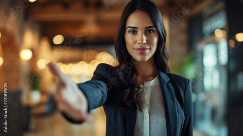 A brunette woman in a suit extends her hand for a handshake. The message is «You're hired at the company» or «I'm pleased to welcome you to our firm».