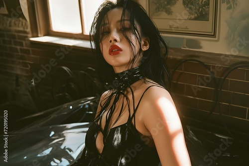 a Korean model wearing black latex posing in a antique interior room, shiny and glossy K-pop idol style. generative AI