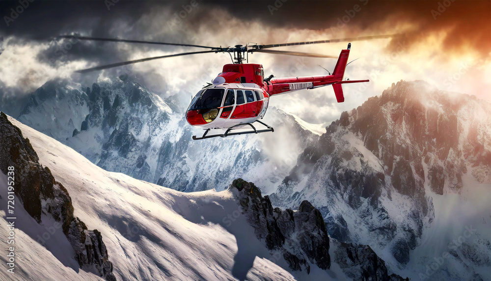 Obraz premium Side view of a red and white mountain rescue helicopter flying among snow capped peaks with dramatic sky on background. Generative Ai.