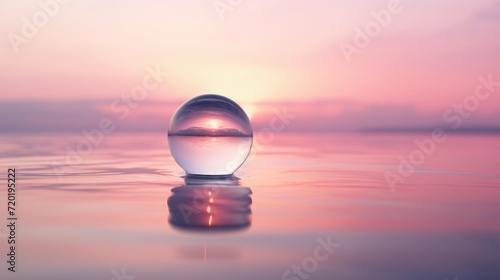 Glass sphere in the water at sunset  calm  meditative  relaxing  mental health  emotional balance   wellness
