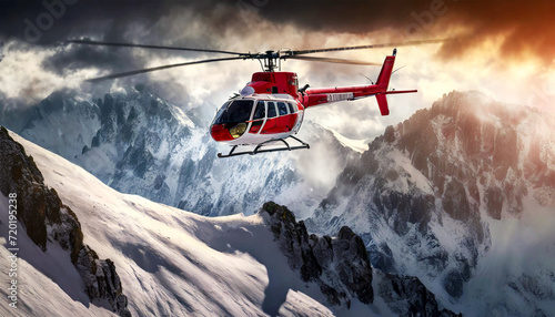 Side view of a red and white mountain rescue helicopter flying among snow capped peaks with dramatic sky on background. Generative Ai. photo