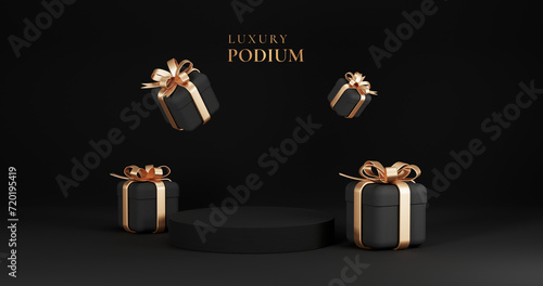Black friday sale Promotion, Realistic Gift Boxes with Gold Ribbon , shopping cart black, Dark background Podium .poster, banners, flyers, card,advertising , 3D rendering