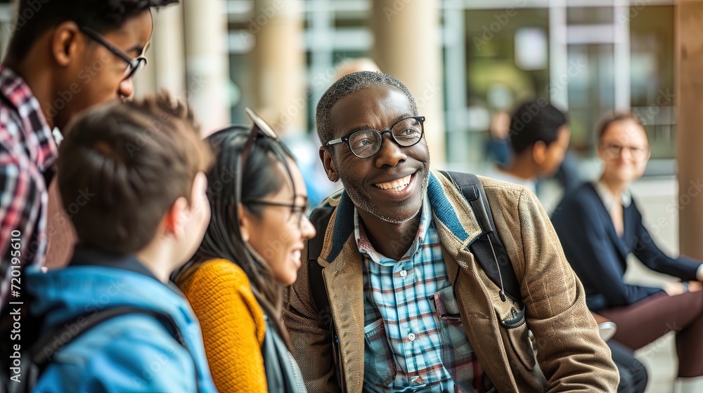 Mature African-American professor with smile in university setting, surrounded by students in the background Mature African-American professor with smile in university setting, surrounded by students in the background