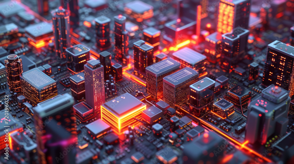 Electronic city, with buildings as circuit components, Generative AI