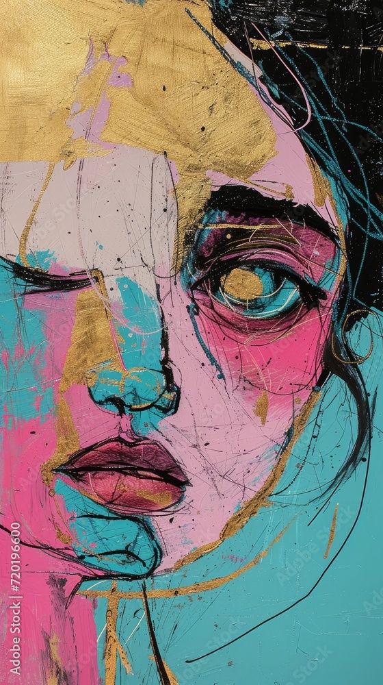 Scribbles line art, a beautiful stylish woman with open eyes, surreal expressionist art, modern colorful masterpiece