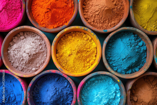 Piles of colorful powder paint ready for the indian Holi festival