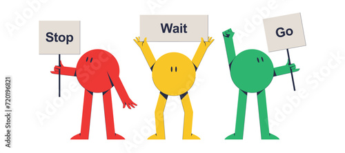 Traffic lights with signs as abstract characters. Illustrated for children the concept of traffic lights and traffic rules. Action guide for children's books and games