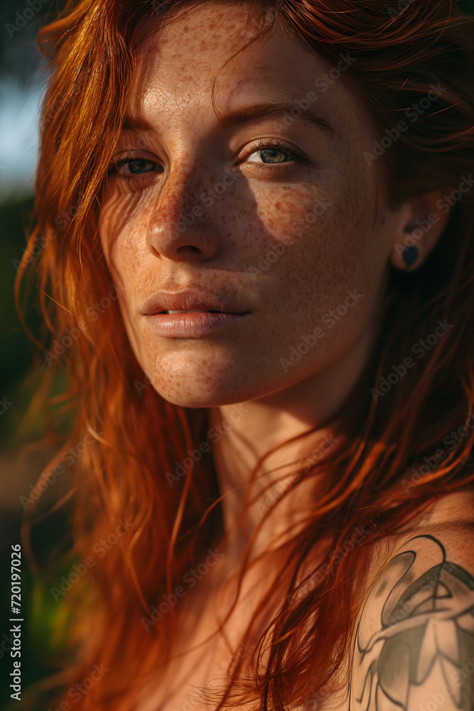 Portrait of a beautiful striking redhaired woman with freckles
