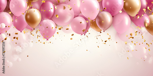 birthday party balloons, Celebration background with pink confetti and golden and pink balloons. Banner