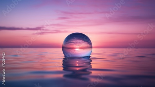 Glass sphere in the water at sunset, calm, meditative, relaxing, mental health, emotional balance,  wellness © bedaniel