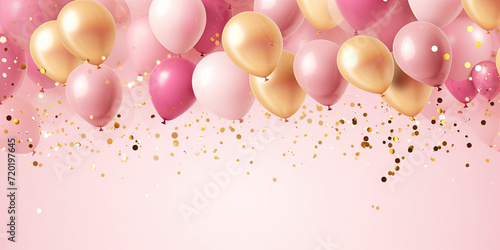 birthday party balloons, Celebration background with pink confetti and golden and pink balloons. Banner