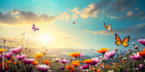 Vibrant butterflies of various colors fluttering above a field of colorful wildflowers under a sunny sky with soft clouds, symbolizing spring and the beauty of nature photo
