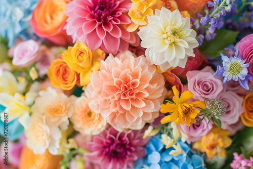 Arrangement of June garden flowers. Beautiful fresh flowers on color background. The background image of the colorful flowers. Flowers spring or summer garden background in closeup macro