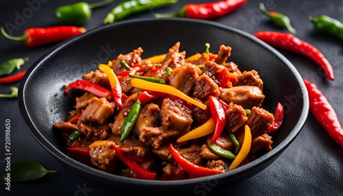Spicy meat with peppers cooked in a wok. Pieces of chicken with red and yellow peppers in a black bowl on a dark background. Asian style food. 