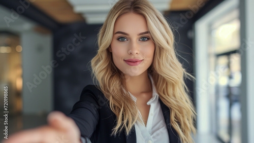 A blonde woman in a suit extends her hand for a handshake. The message is «You're hired at the company» or «I'm pleased to welcome you to our firm».