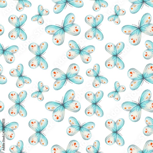 Watercolor seamless pattern with blue butterflies. For fabric, textiles, wallpaper