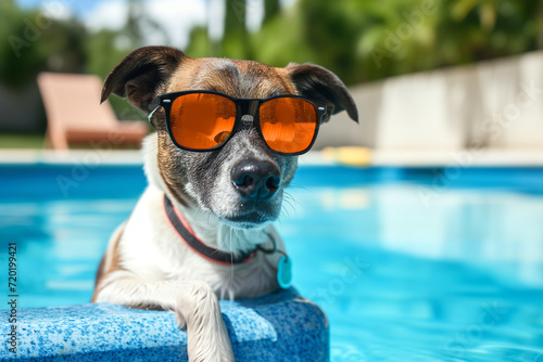 Portrait of a realistic happy dog with sunglass, holiday summer vacation relax vibe concept. Funny dog with sunglasses on summer towards swimming pool. Cute Dog Wearing Glasses, Vacation Dog © Nataliia_Trushchenko