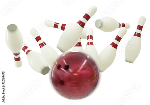 Palla da bowling che colpisce 10 birilli su sfondo traspatente. Illustrazione 3d