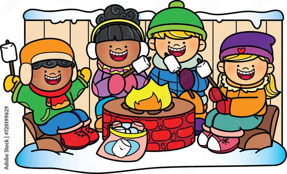 Kids having a backyard picnic in winter clip art Kids having a backyard picnic in winter clip art