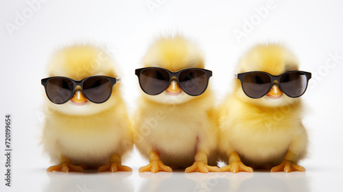 Three chick baby wearing sunglasses on a white background. Generative AI.