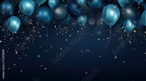 birthday party balloons, Celebration background with golden blue confetti and blue balloons on dark blue background. Banner