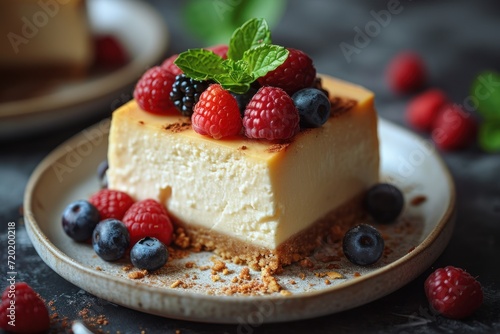 Cheesecake with fresh berries on a metal plate, selective focus. Cheesecake on a background with Copy Space.