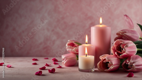 Valentine's Day background in pink tones, tulip flowers and burning candles. generative AI