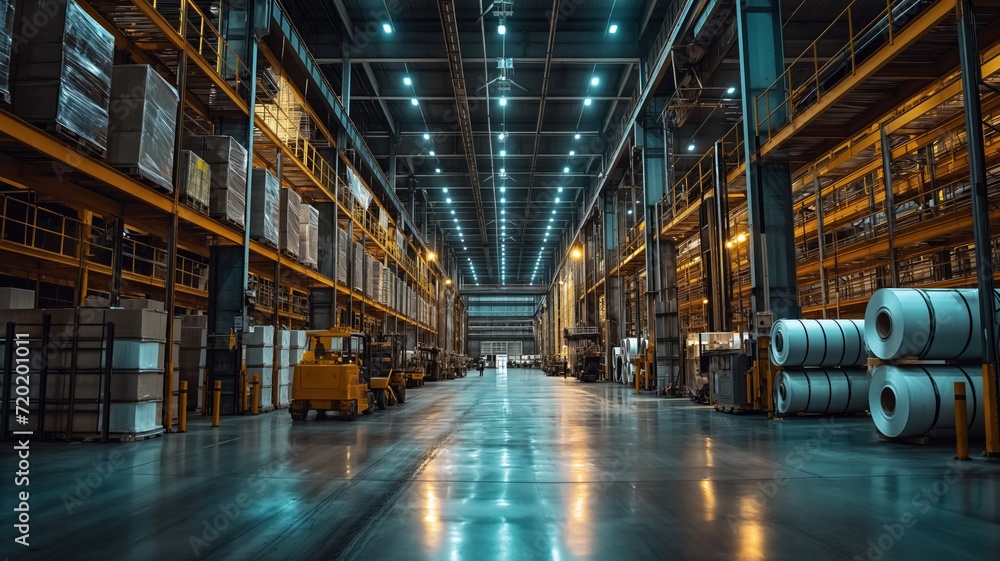 Vast industrial production warehouse. The scene includes towering shelves stocked with various supplies, and forklifts