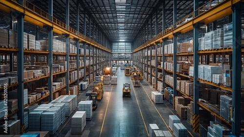Vast industrial production warehouse. The scene includes towering shelves stocked with various supplies, and forklifts