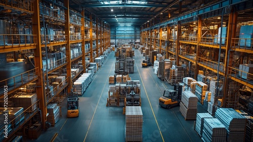 Vast industrial production warehouse. The scene includes towering shelves stocked with various supplies, and forklifts